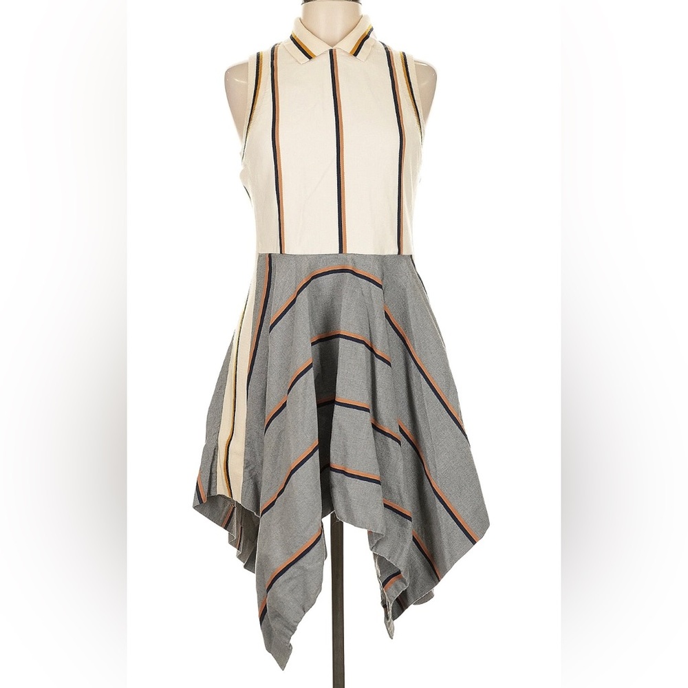 Lacoste Preppy Sleeveless Polo Collar Striped Dress Handkerchief Hem Neutrals 10